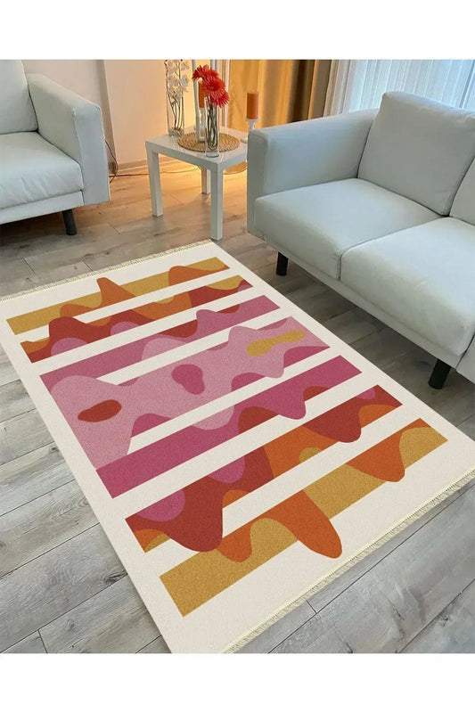 Cotton Serisi Pembe Tonlarında Dalgalı Modern Desen Dekoratif Dokuma Taban Kilim - HALI VAGONU