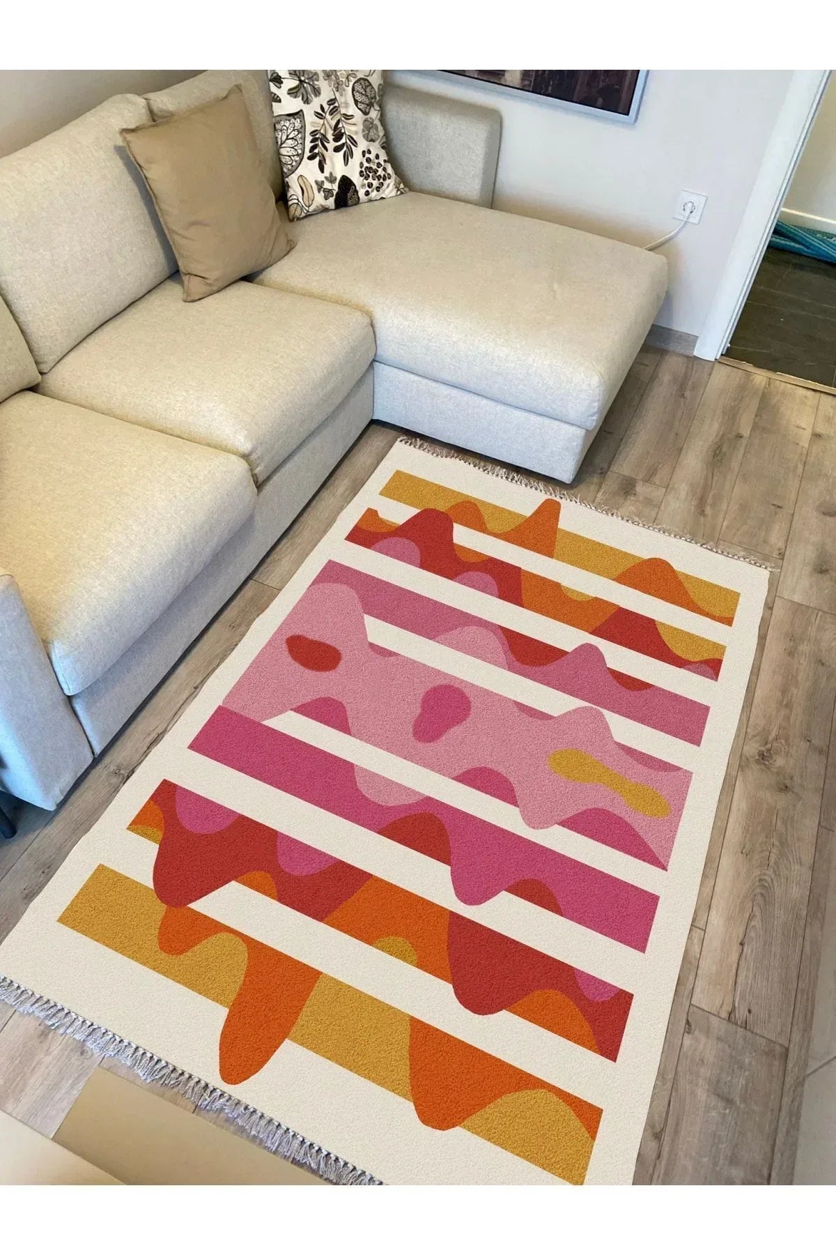 Cotton Serisi Pembe Tonlarında Dalgalı Modern Desen Dekoratif Dokuma Taban Kilim - HALI VAGONU