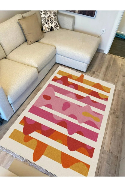 Cotton Serisi Pembe Tonlarında Dalgalı Modern Desen Dekoratif Dokuma Taban Kilim - HALI VAGONU