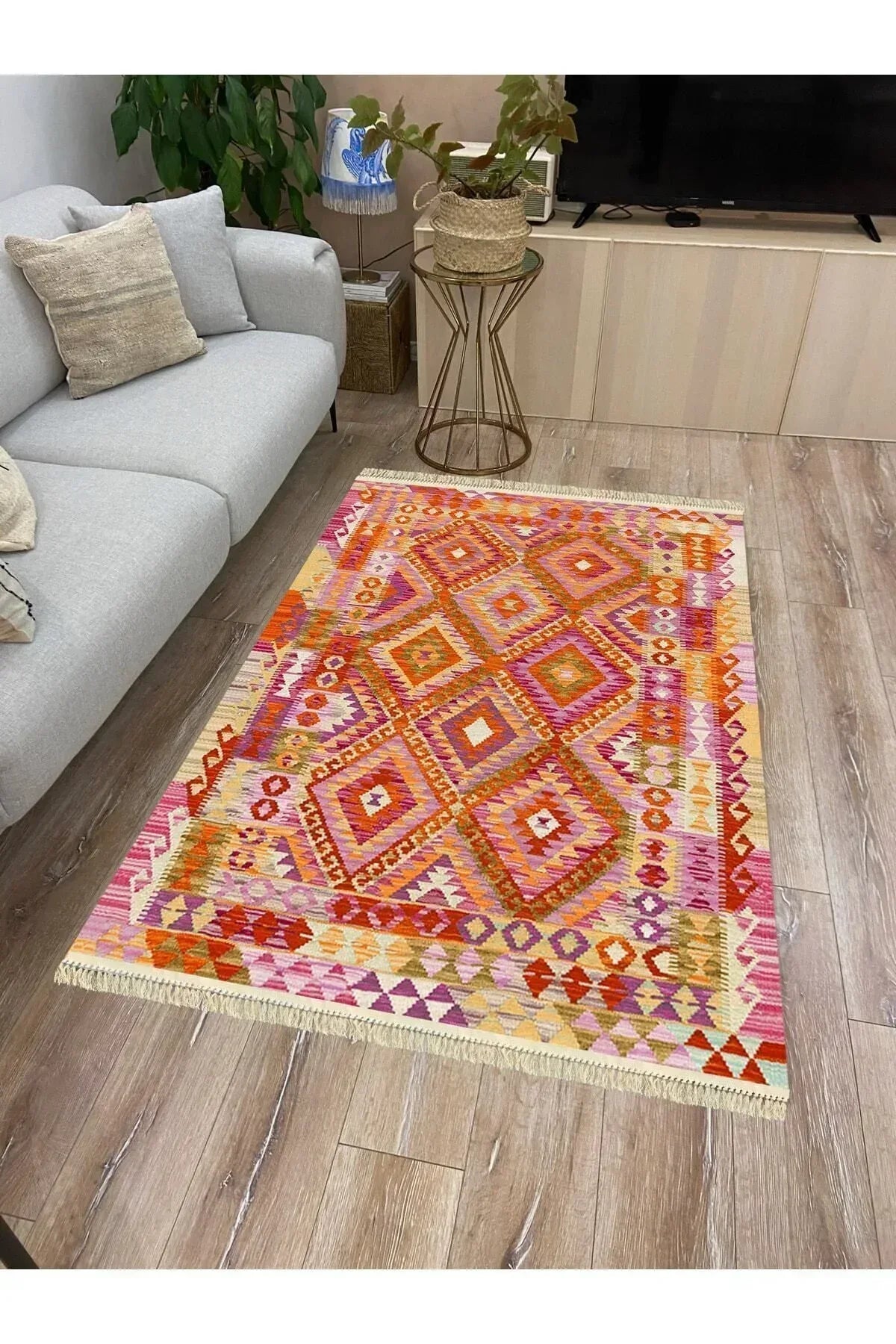Cotton Serisi Pembe Tonunda Baklavalı Geometrik Desen Dekoratif Dokuma Taban Kilim - HALI VAGONU