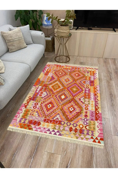 Cotton Serisi Pembe Tonunda Baklavalı Geometrik Desen Dekoratif Dokuma Taban Kilim - HALI VAGONU