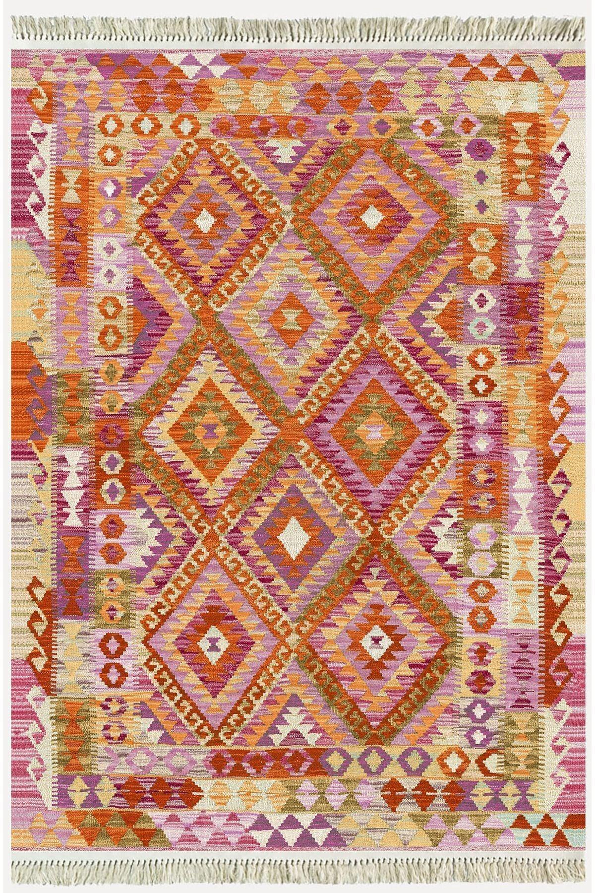 Cotton Serisi Pembe Tonunda Baklavalı Geometrik Desen Dekoratif Dokuma Taban Kilim - HALI VAGONU