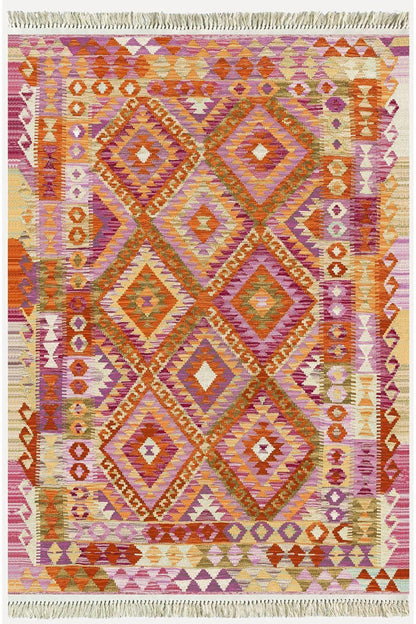 Cotton Serisi Pembe Tonunda Baklavalı Geometrik Desen Dekoratif Dokuma Taban Kilim - HALI VAGONU