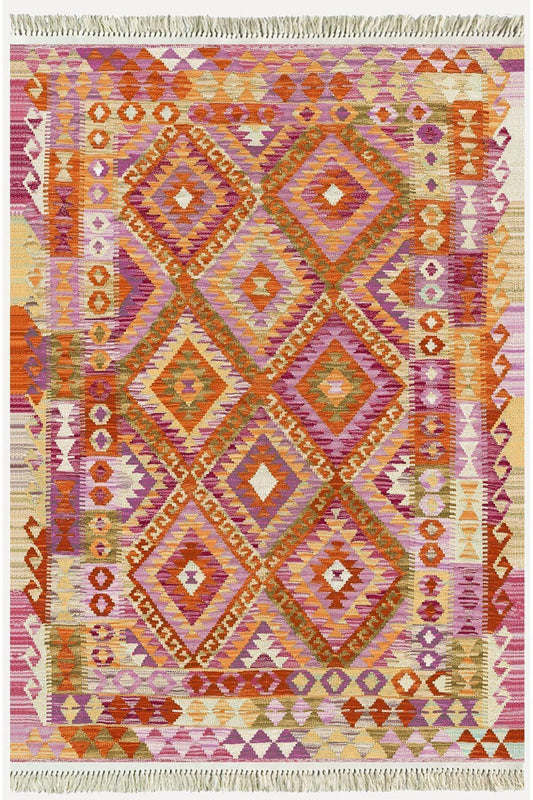 Cotton Serisi Pembe Tonunda Baklavalı Geometrik Desen Dekoratif Dokuma Taban Kilim - HALI VAGONU