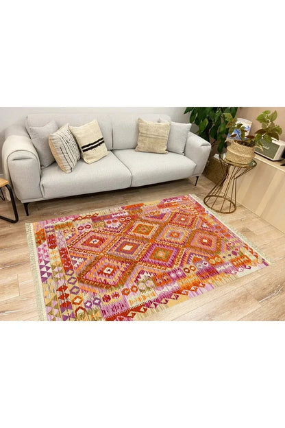 Cotton Serisi Pembe Tonunda Baklavalı Geometrik Desen Dekoratif Dokuma Taban Kilim - HALI VAGONU