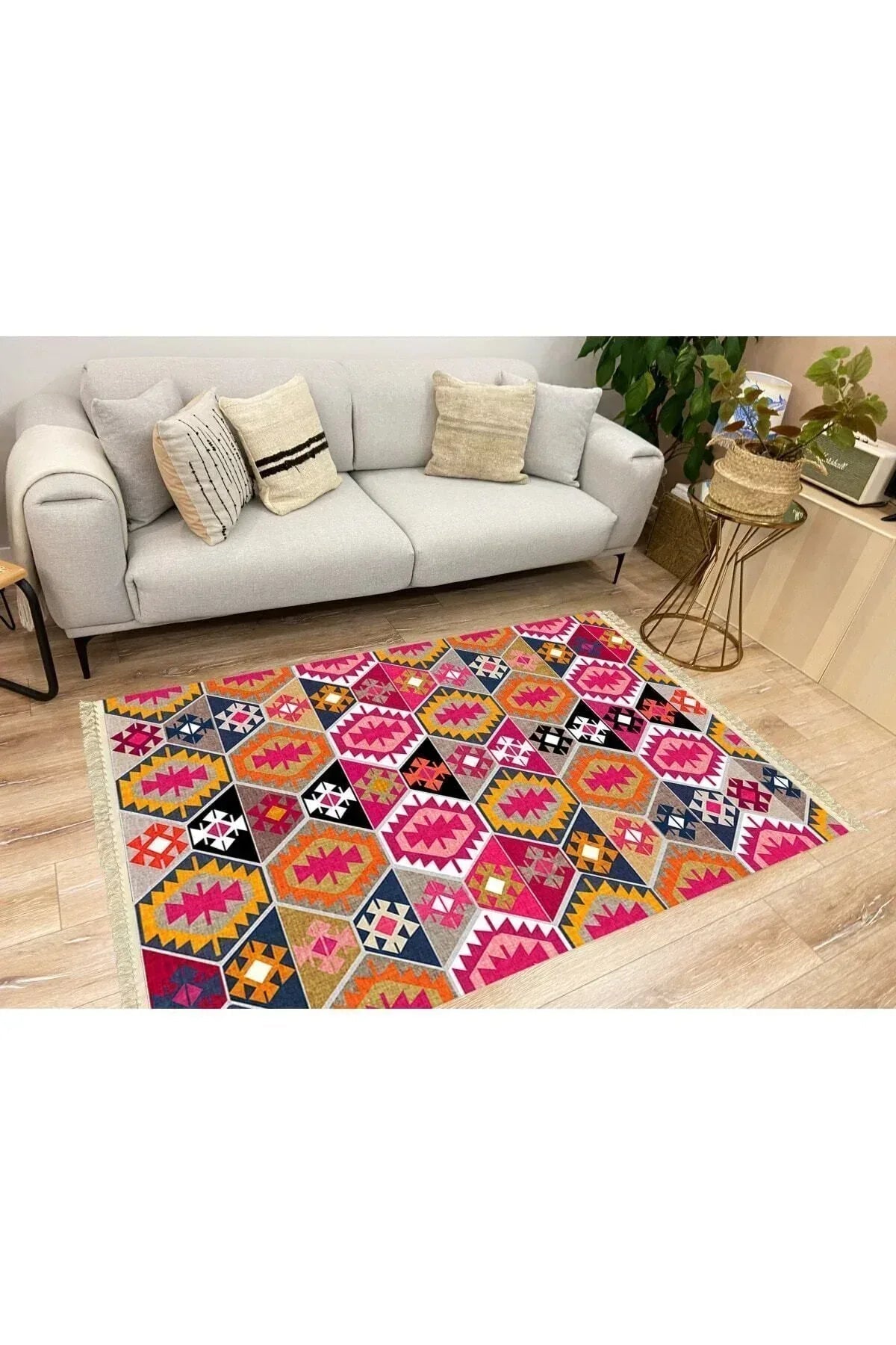 Cotton Serisi Pembe Ve Kahverengi Tonlarında Geometrik Desen Dekoratif Dokuma Taban Kilim - HALI VAGONU