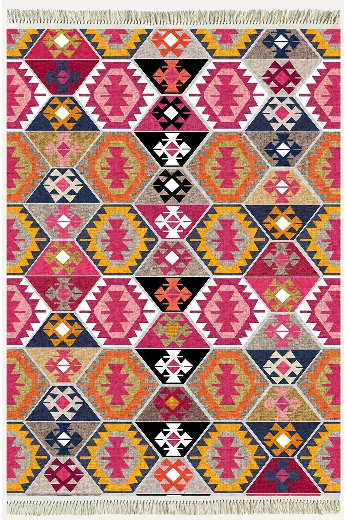 Cotton Serisi Pembe Ve Kahverengi Tonlarında Geometrik Desen Dekoratif Dokuma Taban Kilim - HALI VAGONU