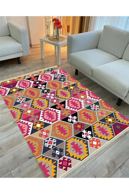 Cotton Serisi Pembe Ve Kahverengi Tonlarında Geometrik Desen Dekoratif Dokuma Taban Kilim - HALI VAGONU