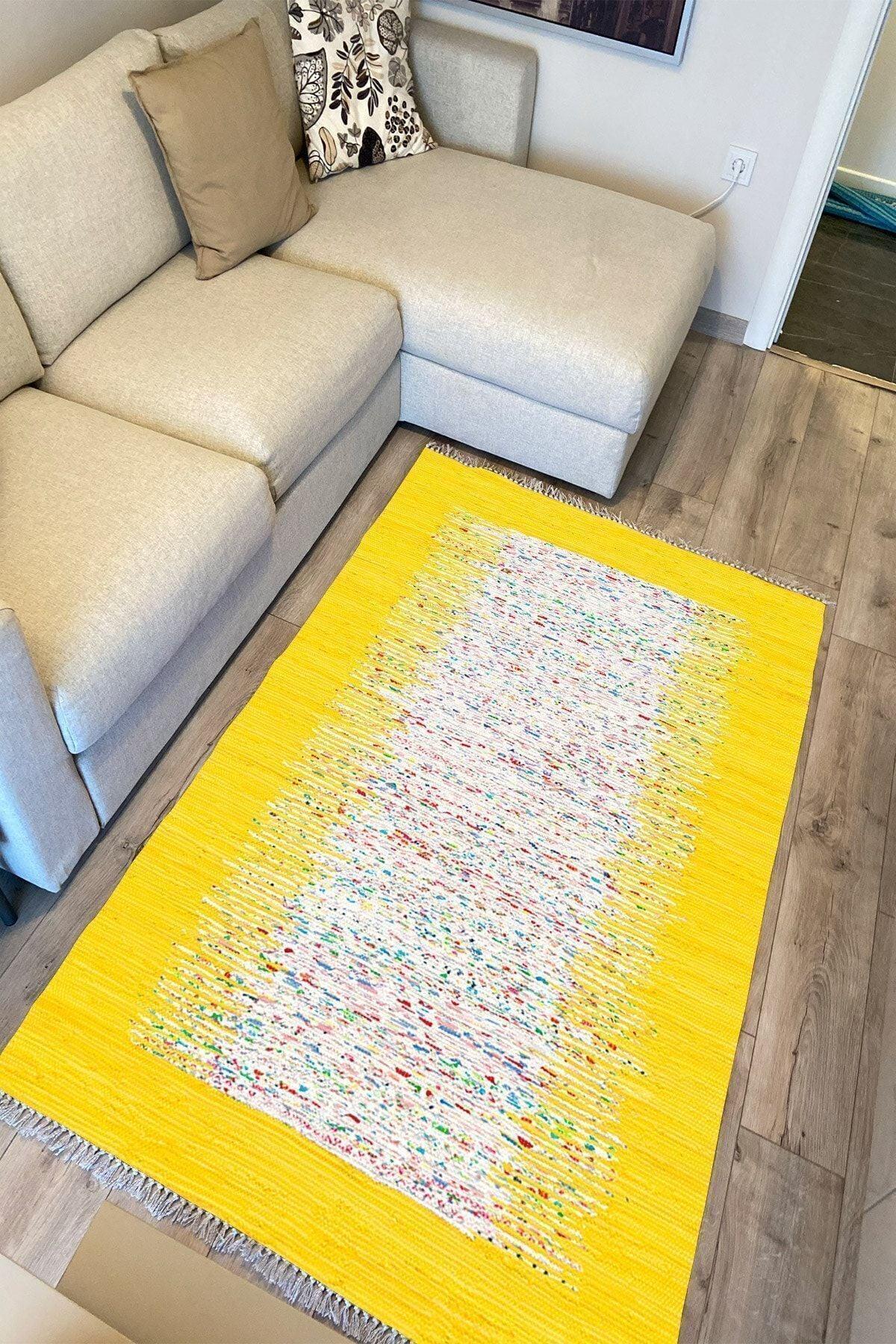Cotton Serisi Sarı Rengi Ortası Su Yolu Eskitme Modern Desen Dekoratif Dokuma Taban Kilim - HALI VAGONU
