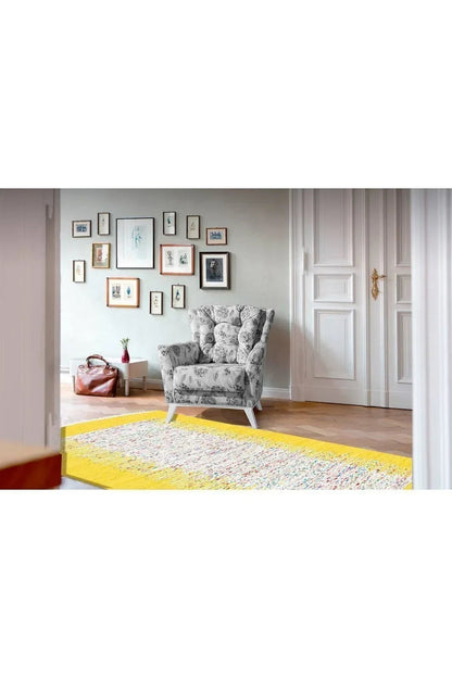 Cotton Serisi Sarı Rengi Ortası Su Yolu Eskitme Modern Desen Dekoratif Dokuma Taban Kilim - HALI VAGONU