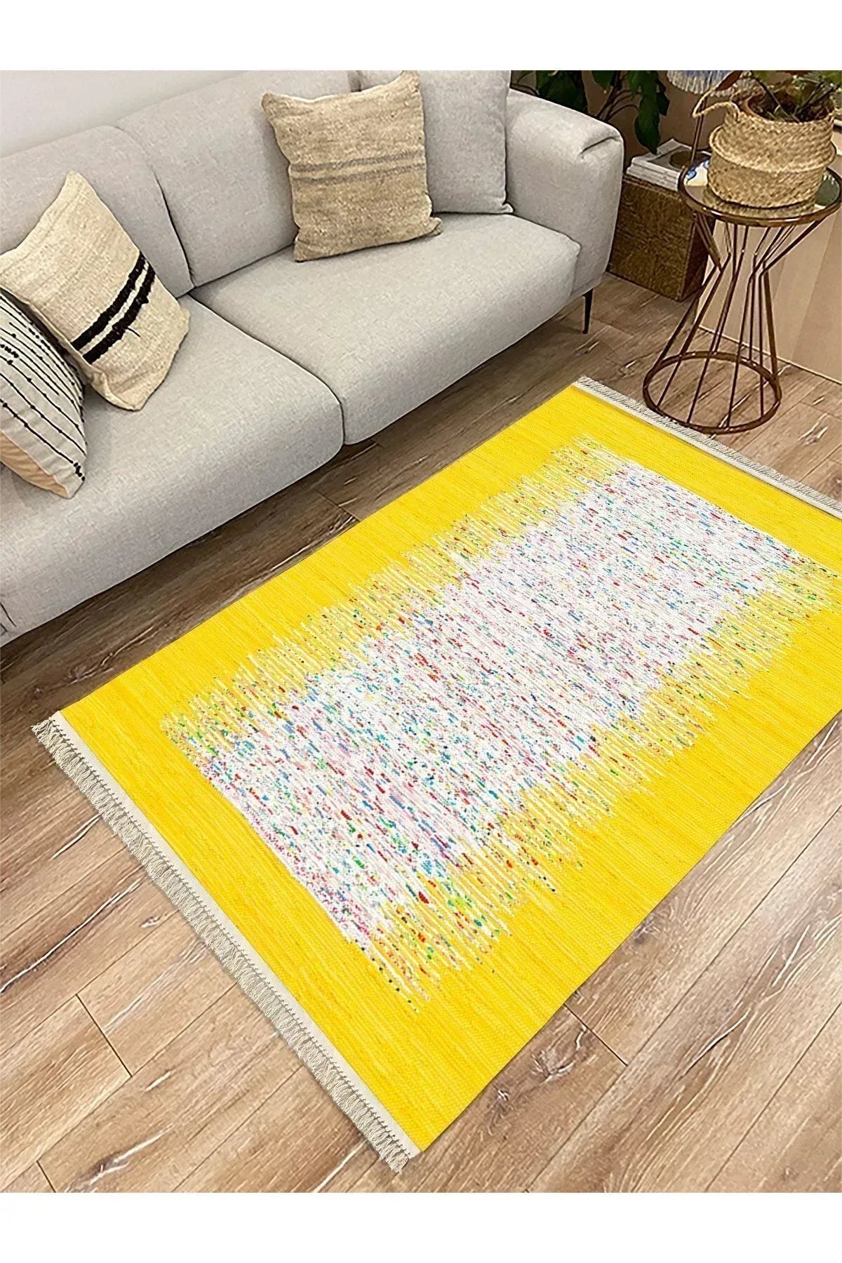 Cotton Serisi Sarı Rengi Ortası Su Yolu Eskitme Modern Desen Dekoratif Dokuma Taban Kilim - HALI VAGONU
