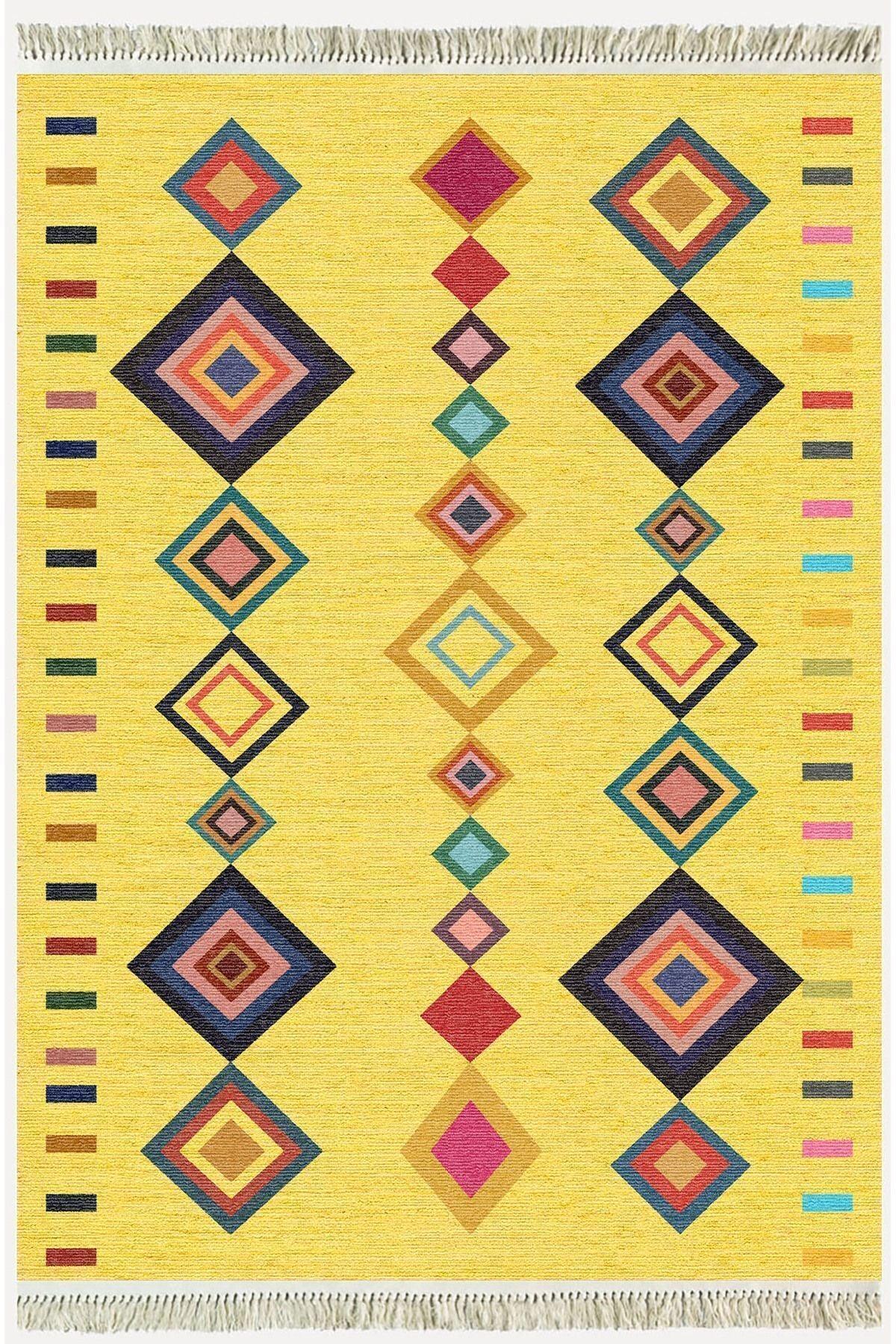 Cotton Serisi Sarı Tonunda Bordürlü Desen Dekoratif Dokuma Taban Kilim - HALI VAGONU