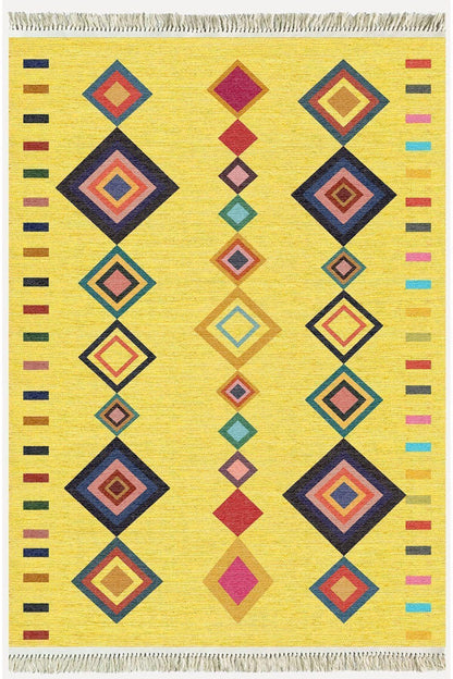 Cotton Serisi Sarı Tonunda Bordürlü Desen Dekoratif Dokuma Taban Kilim - HALI VAGONU