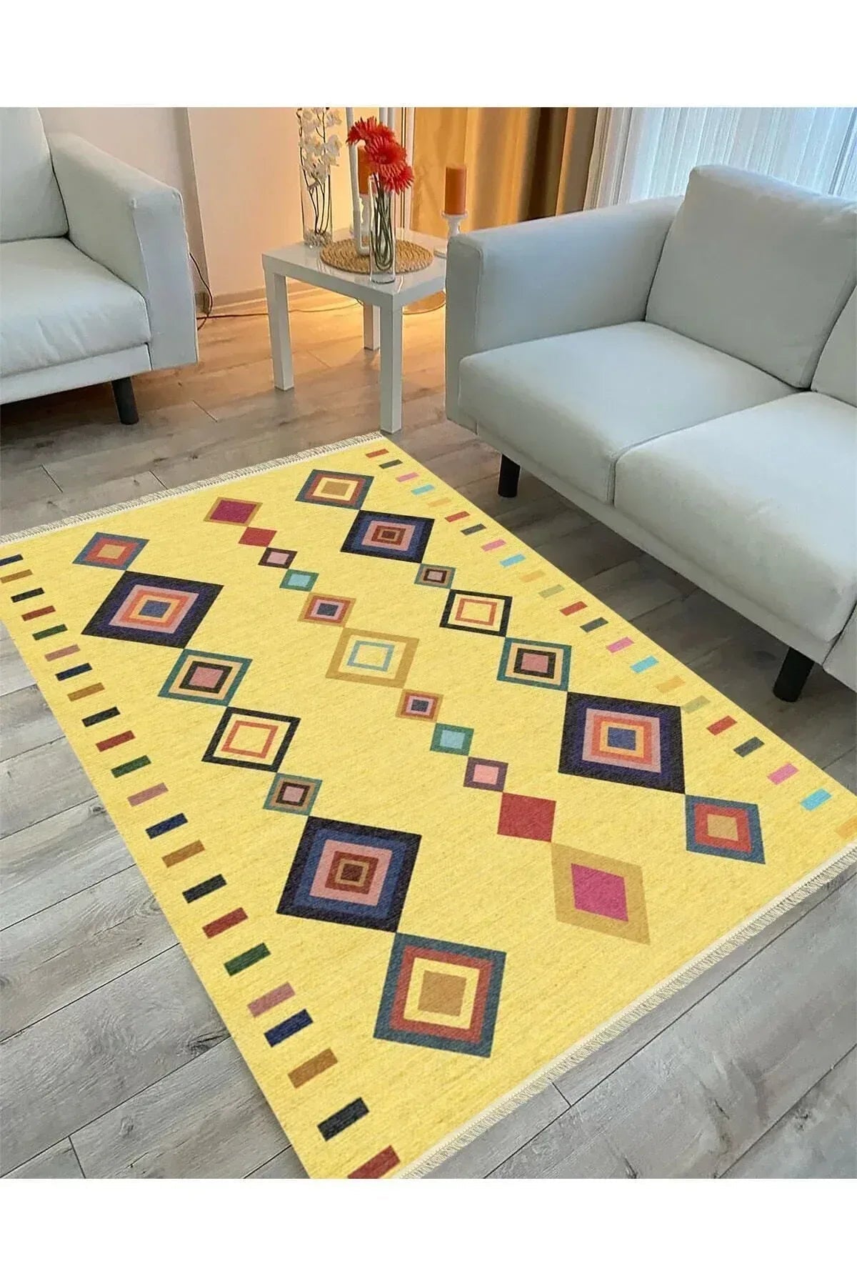 Cotton Serisi Sarı Tonunda Bordürlü Desen Dekoratif Dokuma Taban Kilim - HALI VAGONU