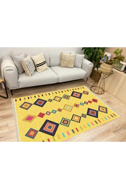 Cotton Serisi Sarı Tonunda Bordürlü Desen Dekoratif Dokuma Taban Kilim - HALI VAGONU