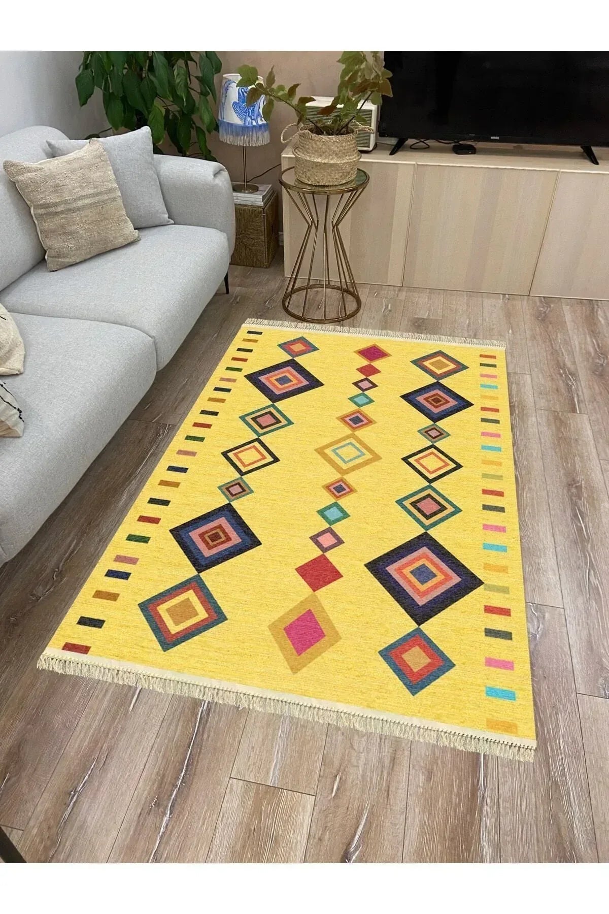 Cotton Serisi Sarı Tonunda Bordürlü Desen Dekoratif Dokuma Taban Kilim - HALI VAGONU