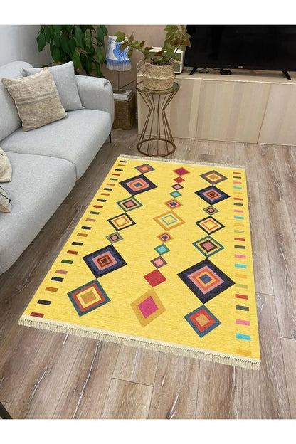 Cotton Serisi Sarı Tonunda Bordürlü Desen Dekoratif Dokuma Taban Kilim - HALI VAGONU