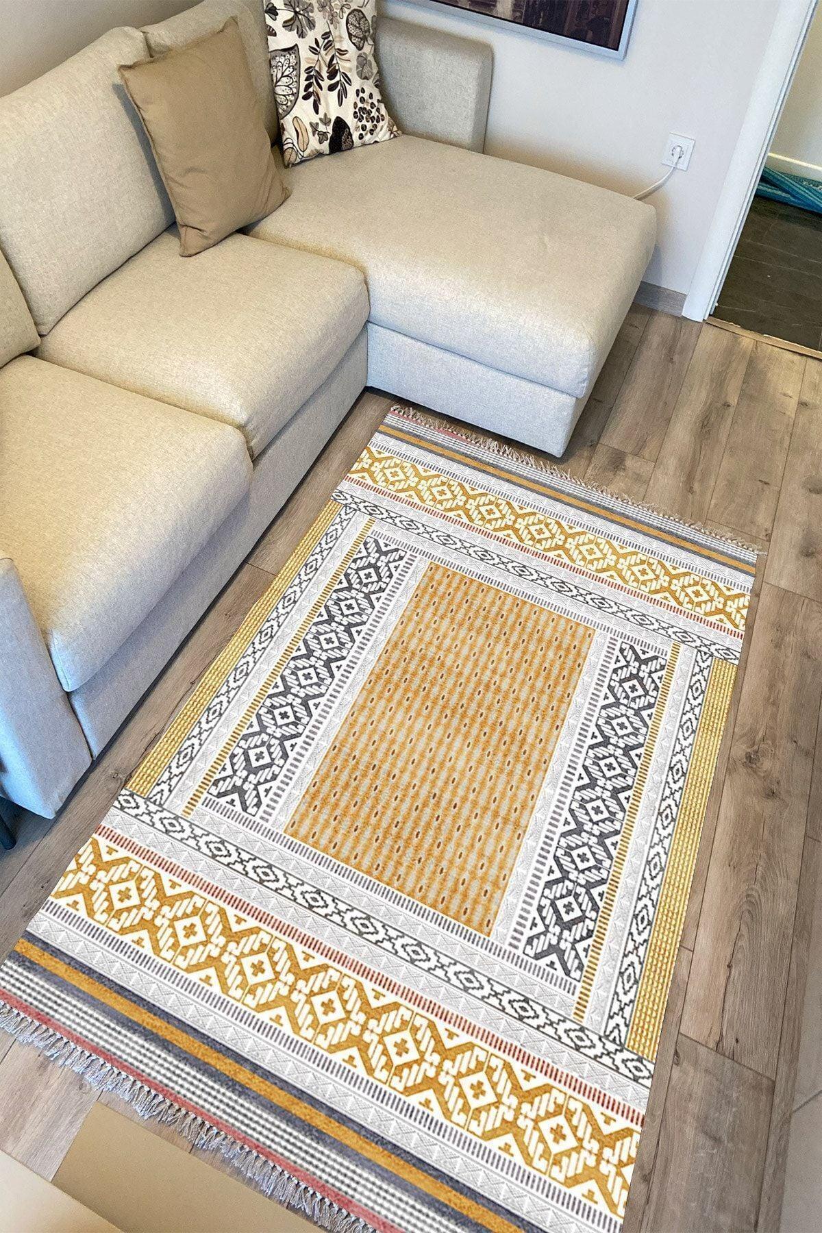 Cotton Serisi Sarı Yunan Motifli Eskitme Antik Otantik Desen Dekoratif Dokuma Taban Kilim - HALI VAGONU