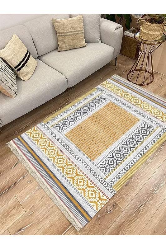 Cotton Serisi Sarı Yunan Motifli Eskitme Antik Otantik Desen Dekoratif Dokuma Taban Kilim - HALI VAGONU