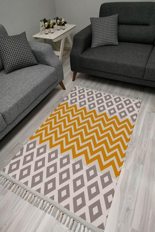 Cotton Serisi Sarı Zikzak Ve Gri Baklava Geometrik Desenli Dekoratif Dokuma Taban Kilim - HALI VAGONU