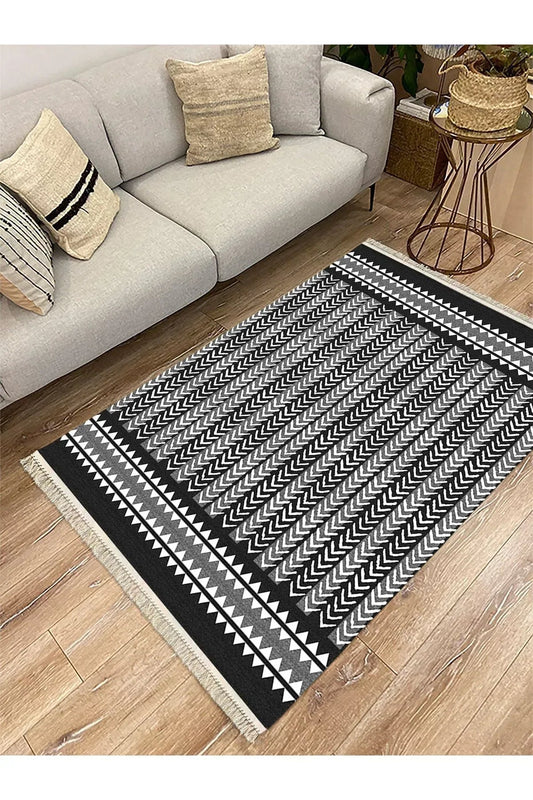 Cotton Serisi Siyah Beyaz Geometrik Etnik Eskitme Desenli Dekoratif Dokuma Taban Kilim - HALI VAGONU