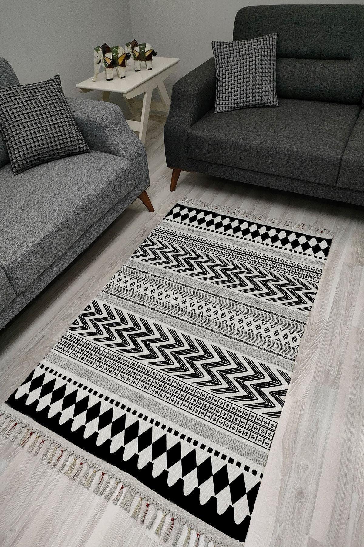 Cotton Serisi Siyah Beyaz Iskandinav Eskitme Desenli Dekoratif Dokuma Taban Kilim - HALI VAGONU
