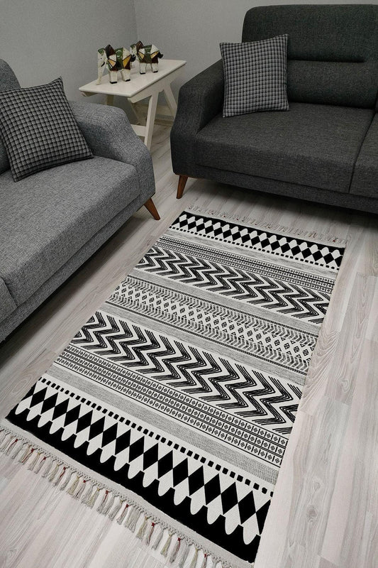 Cotton Serisi Siyah Beyaz Iskandinav Eskitme Desenli Dekoratif Dokuma Taban Kilim - HALI VAGONU