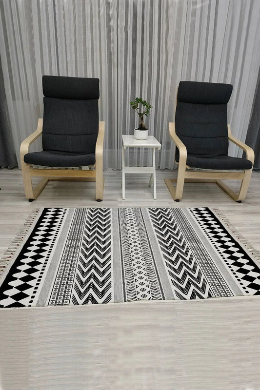 Cotton Serisi Siyah Beyaz Iskandinav Eskitme Desenli Dekoratif Dokuma Taban Kilim - HALI VAGONU