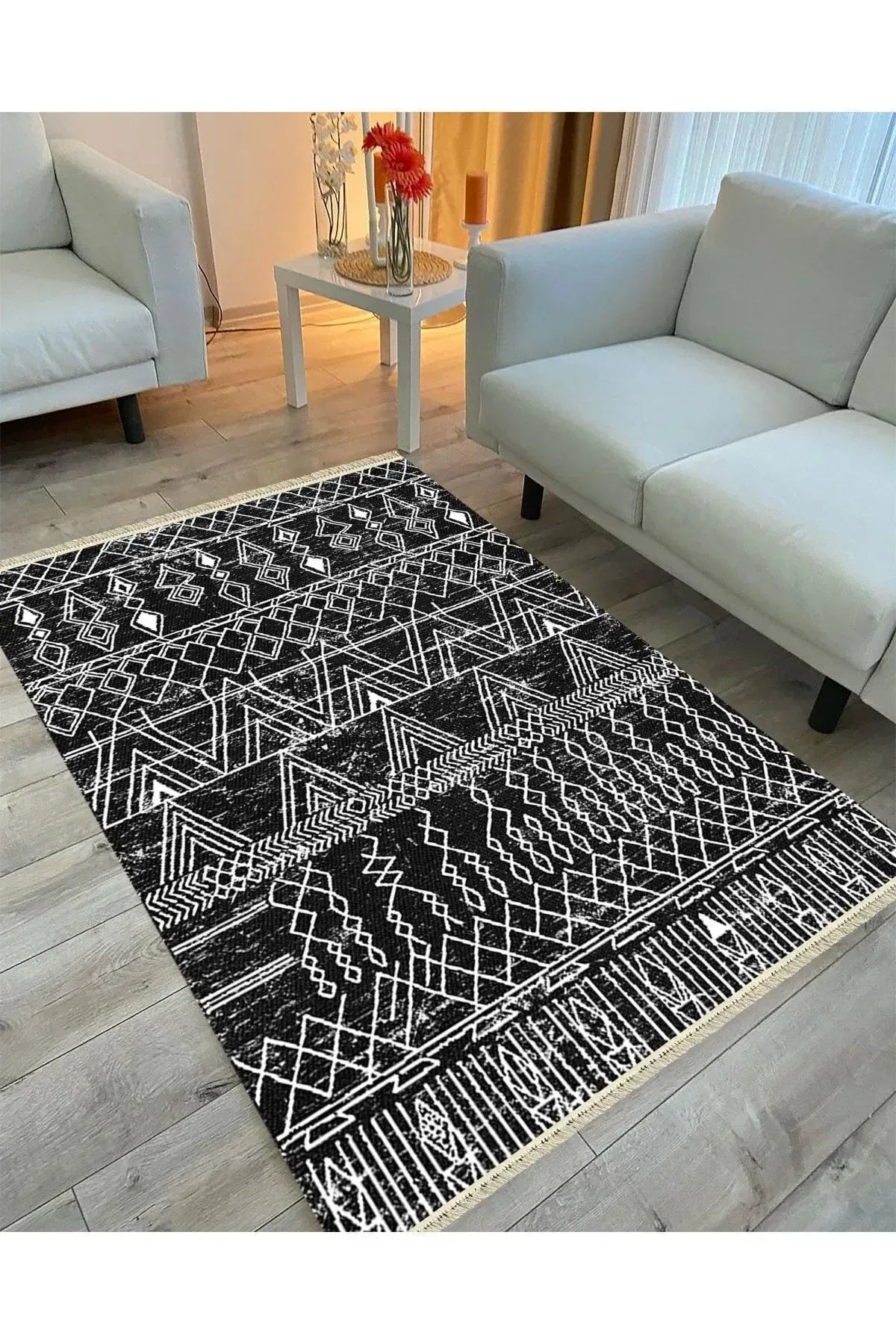 Cotton Serisi Siyah Beyaz Iskandinav Otantik Desen Dekoratif Dokuma Taban Kilim - HALI VAGONU