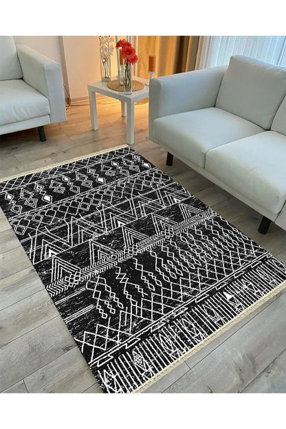 Cotton Serisi Siyah Beyaz Iskandinav Otantik Desen Dekoratif Dokuma Taban Kilim - HALI VAGONU
