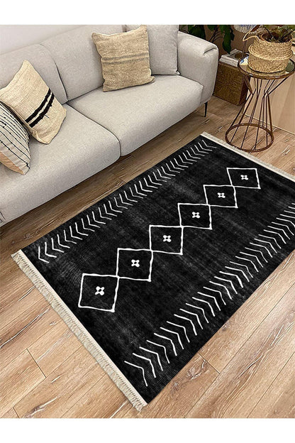 Cotton Serisi Siyah Beyaz Naturel Orta Çağ Desen Dekoratif Dokuma Taban Kilim - HALI VAGONU