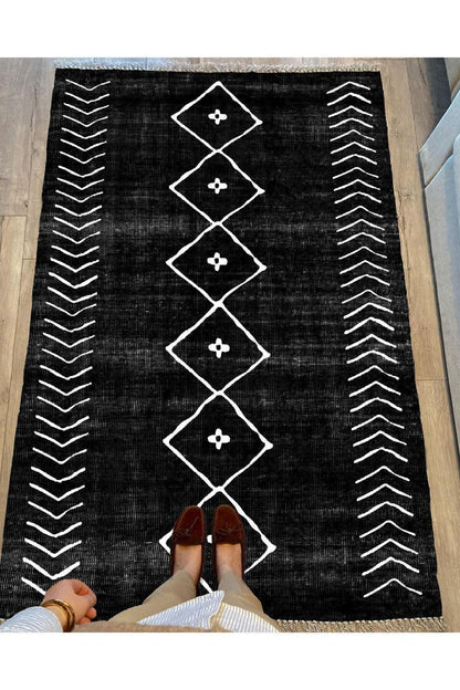 Cotton Serisi Siyah Beyaz Naturel Orta Çağ Desen Dekoratif Dokuma Taban Kilim - HALI VAGONU