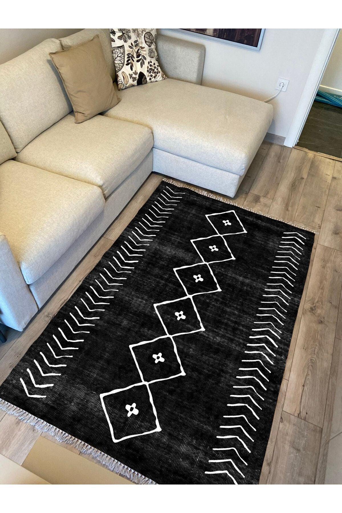 Cotton Serisi Siyah Beyaz Naturel Orta Çağ Desen Dekoratif Dokuma Taban Kilim - HALI VAGONU
