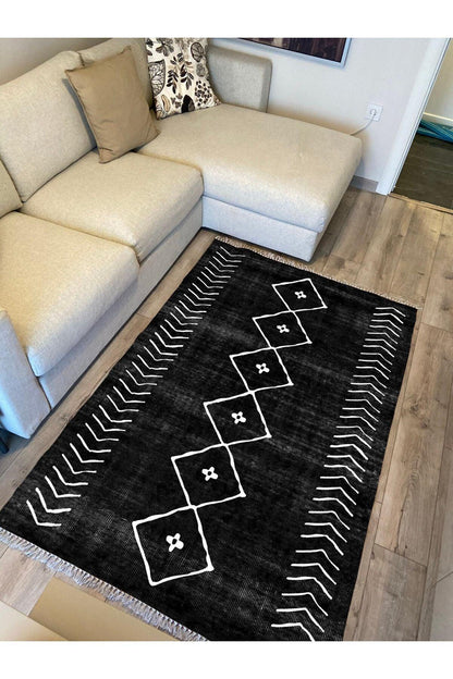 Cotton Serisi Siyah Beyaz Naturel Orta Çağ Desen Dekoratif Dokuma Taban Kilim - HALI VAGONU