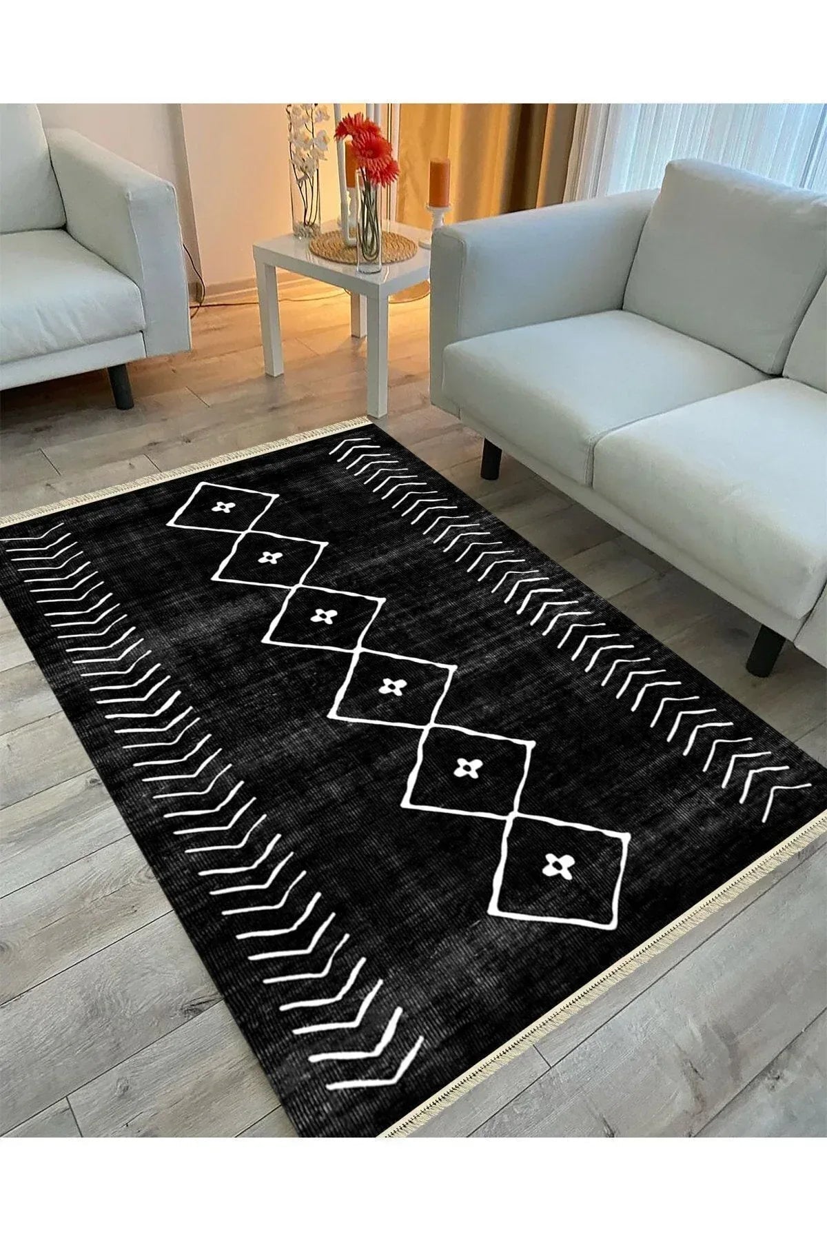 Cotton Serisi Siyah Beyaz Naturel Orta Çağ Desen Dekoratif Dokuma Taban Kilim - HALI VAGONU