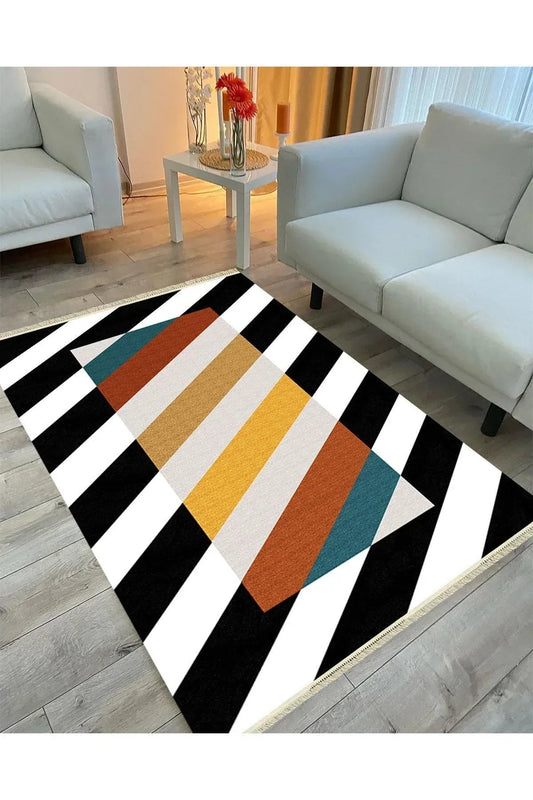 Cotton Serisi Siyah Beyaz Ve Multy Tonlarında Yatay Çizgili Dekoratif Dokuma Taban Kilim - HALI VAGONU