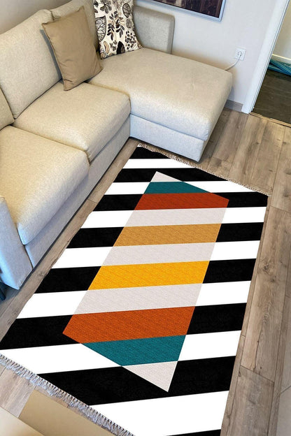 Cotton Serisi Siyah Beyaz Ve Multy Tonlarında Yatay Çizgili Dekoratif Dokuma Taban Kilim - HALI VAGONU