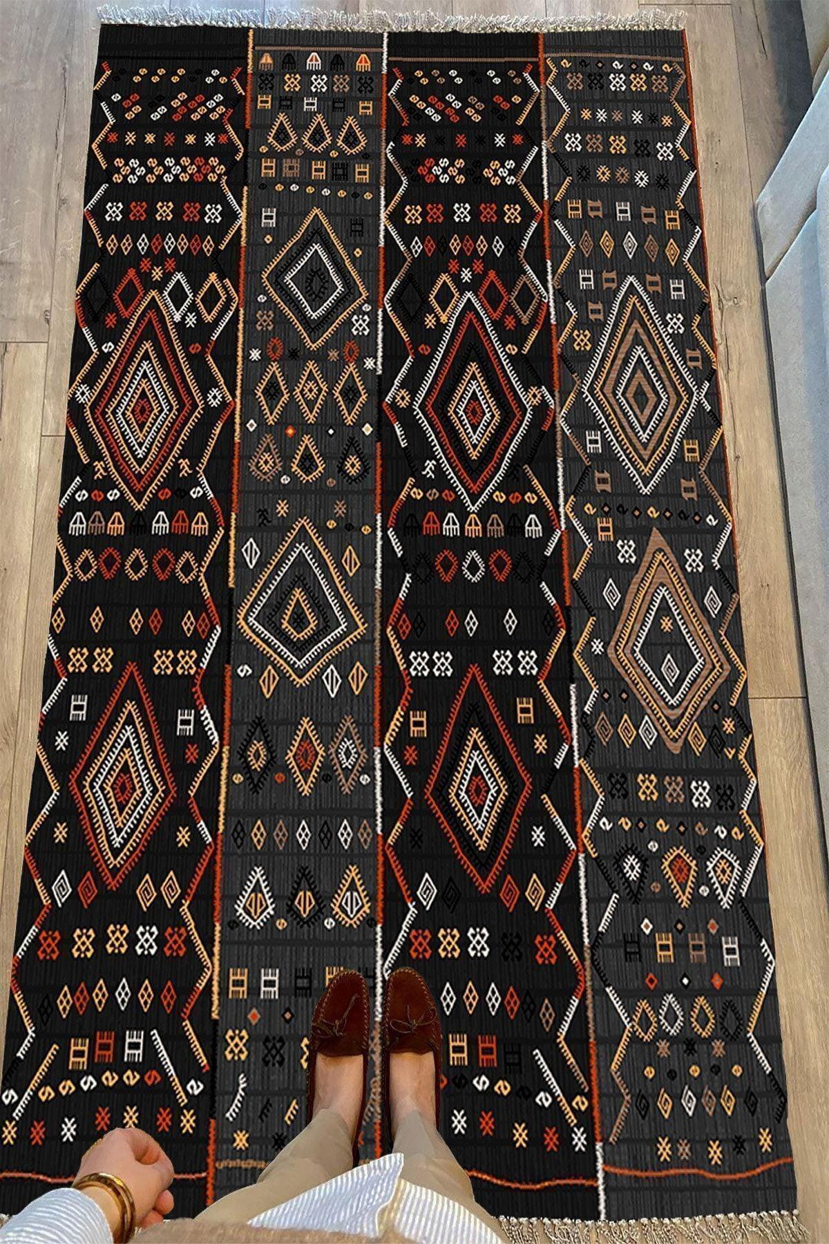 Cotton Serisi Siyah Gri Orta Çağ Motifli Otantik Eskitme Desenli Dekoratif Dokuma Taban Kilim - HALI VAGONU
