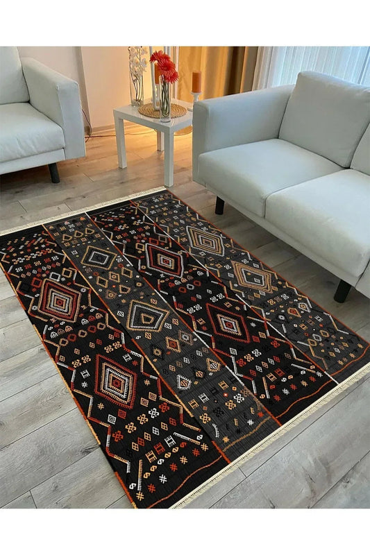 Cotton Serisi Siyah Gri Orta Çağ Motifli Otantik Eskitme Desenli Dekoratif Dokuma Taban Kilim - HALI VAGONU