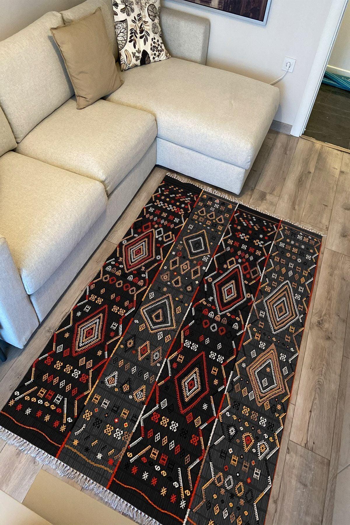 Cotton Serisi Siyah Gri Orta Çağ Motifli Otantik Eskitme Desenli Dekoratif Dokuma Taban Kilim - HALI VAGONU