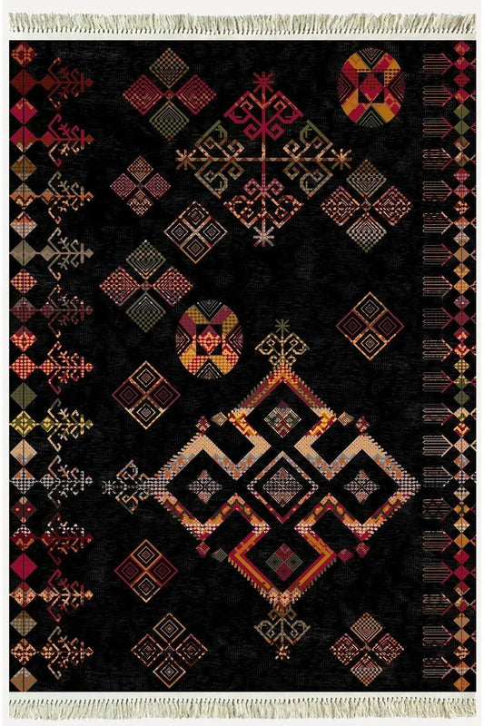 Cotton Serisi Siyah Tonlu Geometrik Eskitme Desen Dekoratif Dokuma Taban Kilim - HALI VAGONU