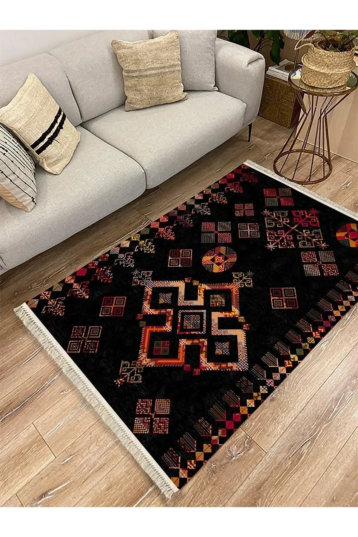 Cotton Serisi Siyah Tonlu Geometrik Eskitme Desen Dekoratif Dokuma Taban Kilim - HALI VAGONU