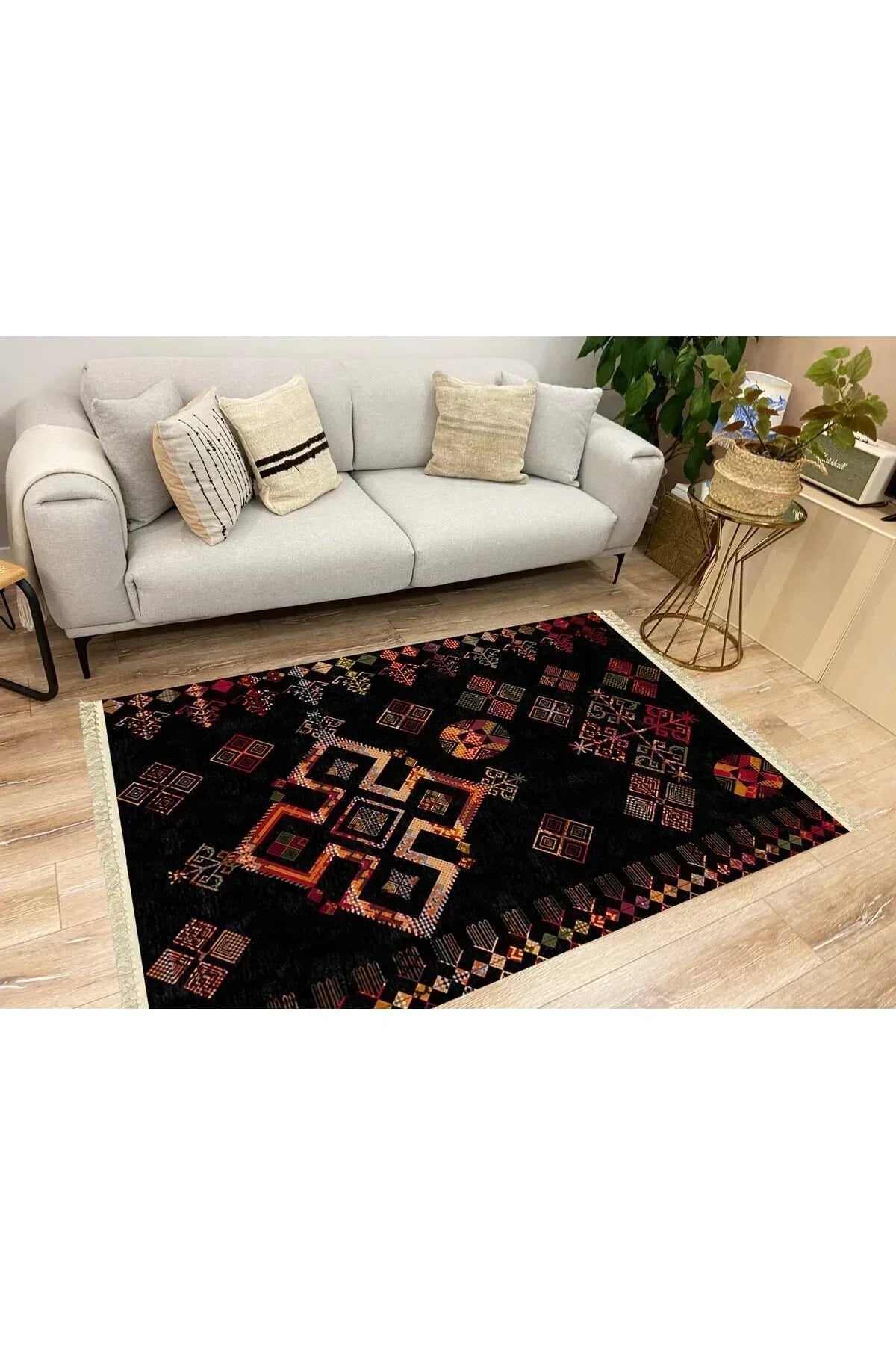 Cotton Serisi Siyah Tonlu Geometrik Eskitme Desen Dekoratif Dokuma Taban Kilim - HALI VAGONU