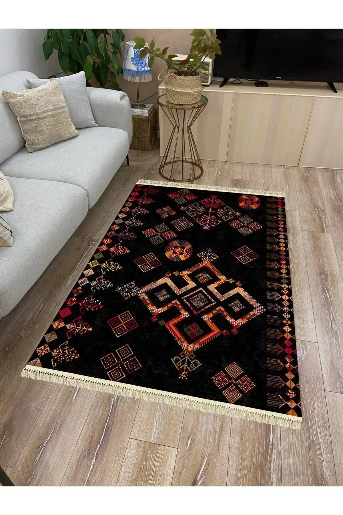 Cotton Serisi Siyah Tonlu Geometrik Eskitme Desen Dekoratif Dokuma Taban Kilim - HALI VAGONU
