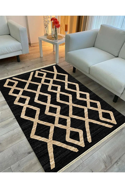 Cotton Serisi Siyah Ve Hasır Görünümlü Otantik Etnik Desenli Dekoratif Dokuma Taban Kilim - HALI VAGONU