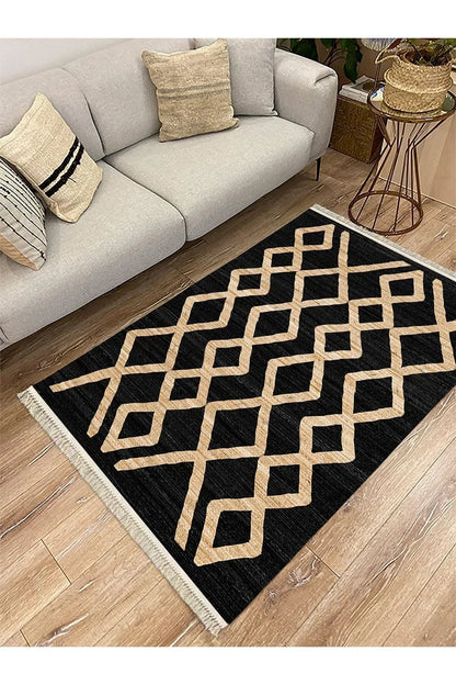 Cotton Serisi Siyah Ve Hasır Görünümlü Otantik Etnik Desenli Dekoratif Dokuma Taban Kilim - HALI VAGONU