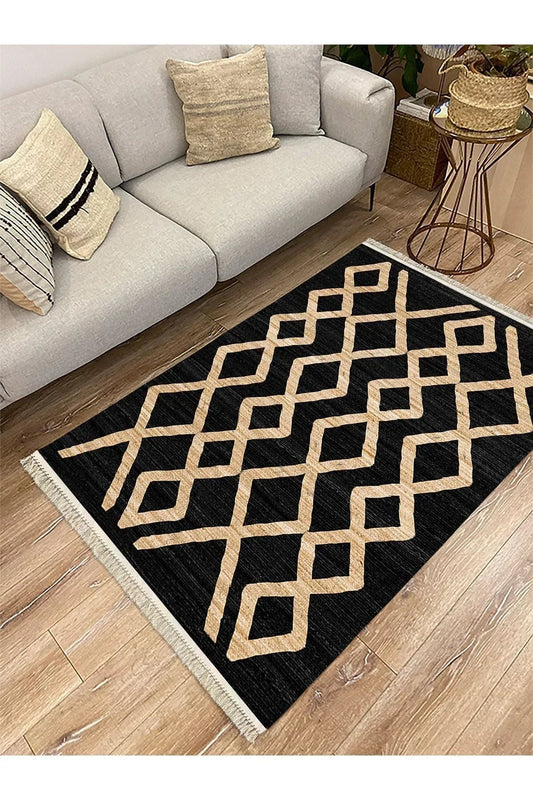 Cotton Serisi Siyah Ve Hasır Görünümlü Otantik Etnik Desenli Dekoratif Dokuma Taban Kilim - HALI VAGONU