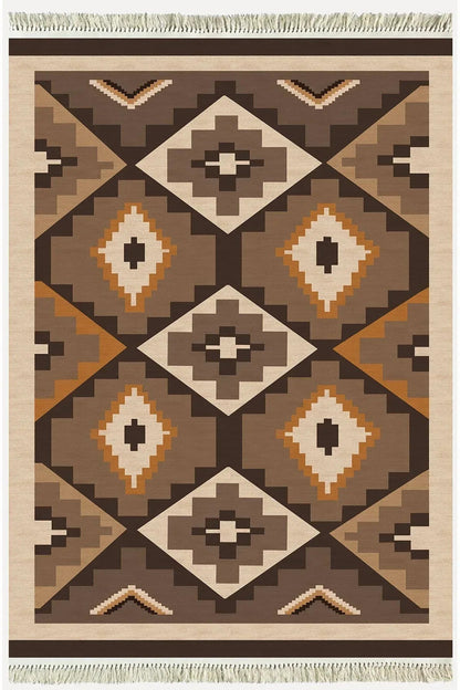 Cotton Serisi Siyah Ve Kahve Tonlarında Geometrik Eskitme Desenli Dekoratif Dokuma Taban Kilim - HALI VAGONU