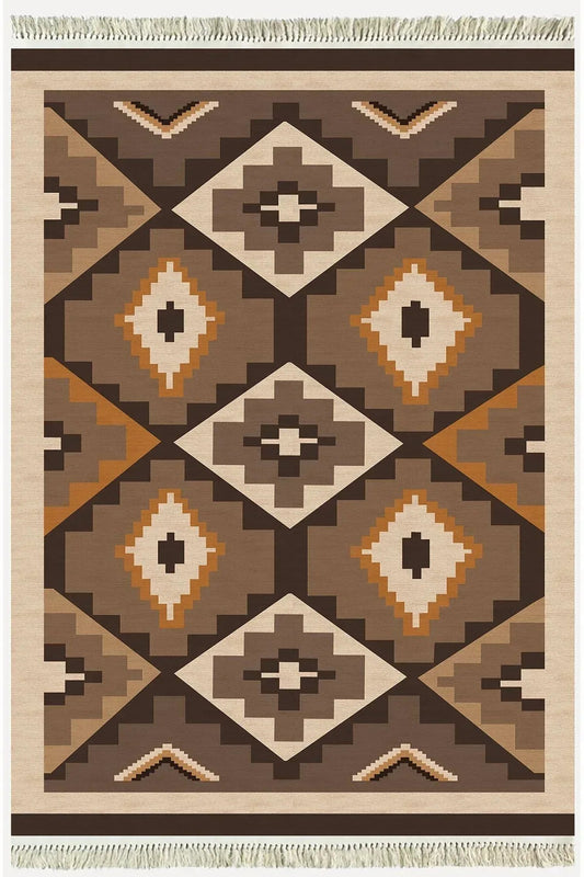 Cotton Serisi Siyah Ve Kahve Tonlarında Geometrik Eskitme Desenli Dekoratif Dokuma Taban Kilim - HALI VAGONU