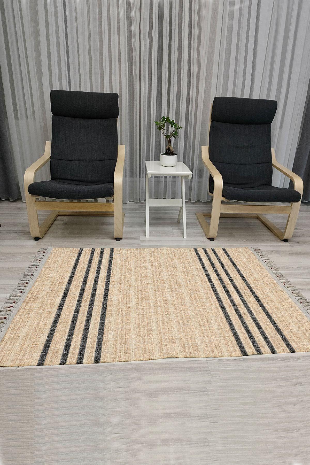 Cotton Serisi Süt Kahve Ve Koyu Gri Tonlarında Ince Bordürlü Dekoratif Dokuma Taban Kilim - HALI VAGONU